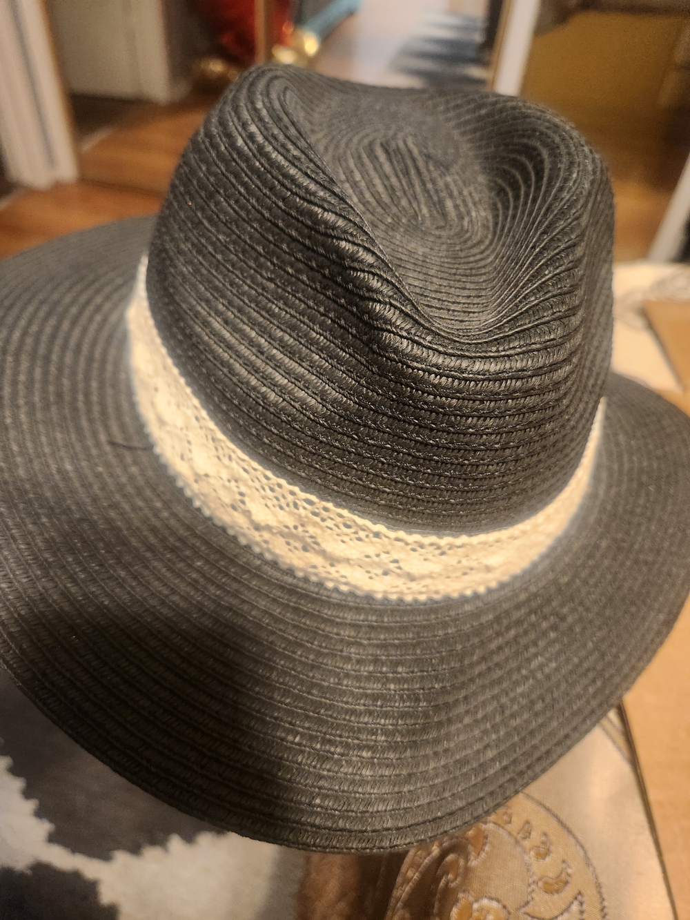 Charlotte Russe Black Straw Fedora with Cream Lace Band